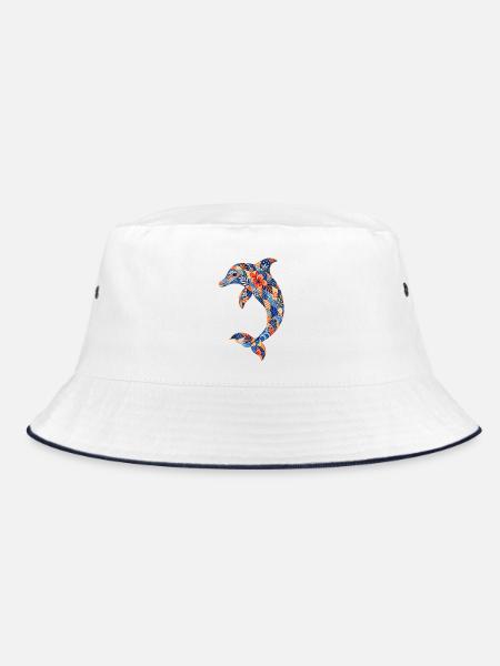 Patchwork-Delfin mit Blumenkraft - Bucket Hat - Weiß/Navy