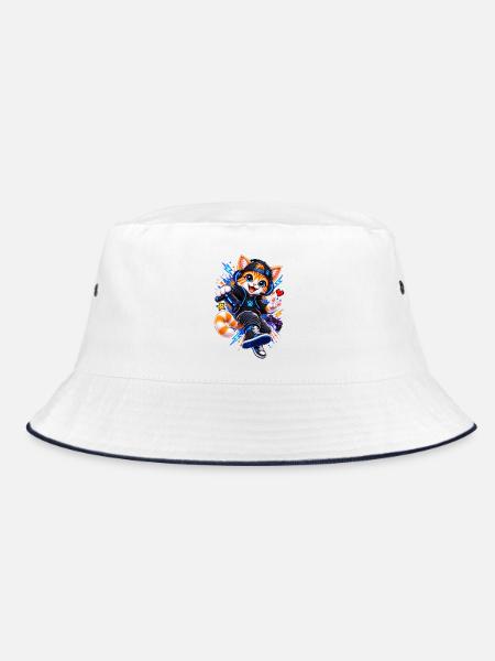 Gaming Katze – Gamer Cat - Bucket Hat - Weiß/Navy