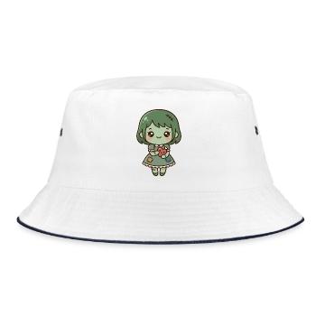 Süßes Kawaii-Zombie-Mädchen hält ein gesticktes Herz - Bucket Hat - Weiß/Navy - Vorne