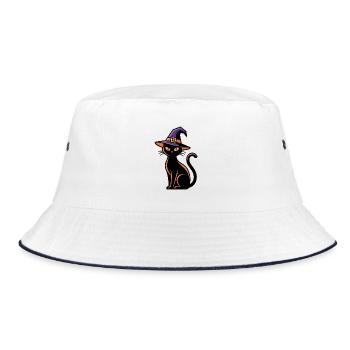 Schwarze Katze trägt zu Halloween einen lila Hexenhut - Bucket Hat - Weiß/Navy - Vorne