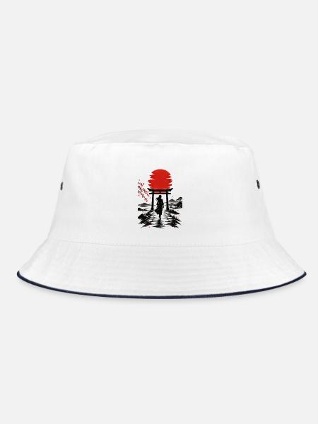 Japanische Läuferin im roten Mond - Bucket Hat - Weiß/Navy