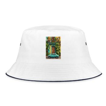 Tropischer Oldtimer im sonnenbeschienenen Innenhof - Bucket Hat - Weiß/Navy - Vorne