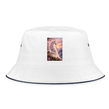Pastelleinhorn bei Sonnenuntergang über der Burg - Bucket Hat - Weiß/Navy - Vorne