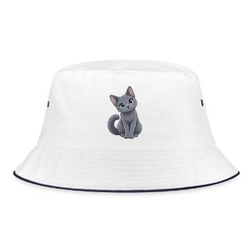 Russisch Blau Kawaii Style – Süße Katze - Bucket Hat - Weiß/Navy - Vorne
