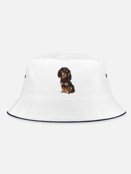Schwarz-beigefarbener Dackel - Bucket Hat - Weiß/Navy