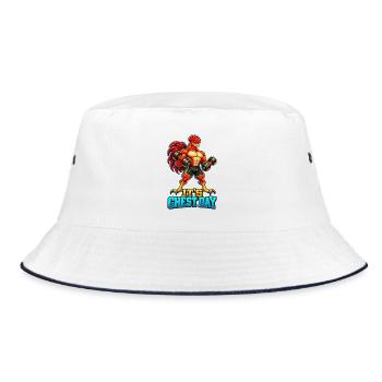 Es ist Brusttag – Muscular Rooster Gym Workout - Bucket Hat - Weiß/Navy - Vorne