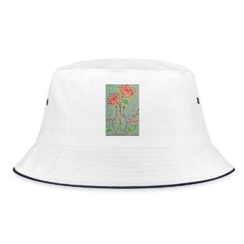Zwei rote Rosen in einer Vase - Bucket Hat - Weiß/Navy - Vorne