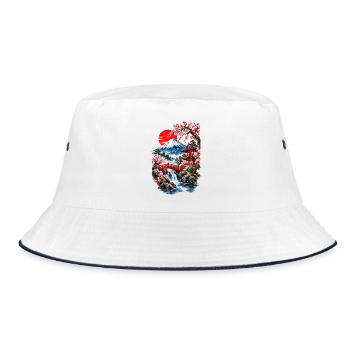 Fuji-Landschaft und Kirschbäume - Bucket Hat - Weiß/Navy - Vorne