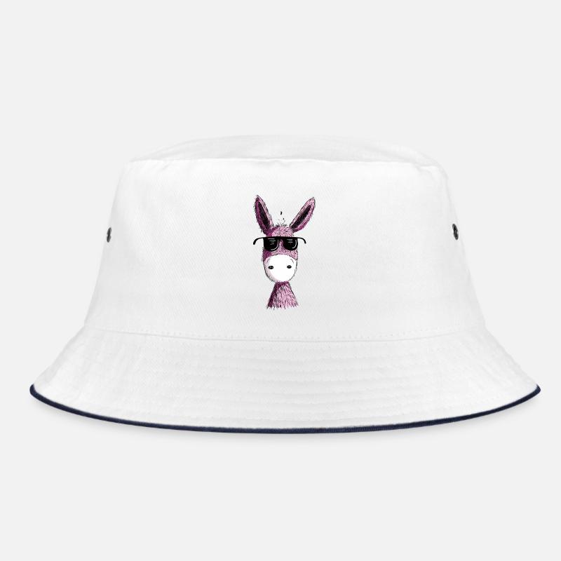 Cooler Pinker Esel mit Sonnenbrille I Muli I Fun - Bucket Hat - Weiß/Navy