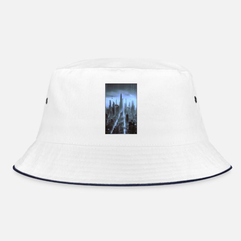 Futuristic cityscape at night Bucket Hat