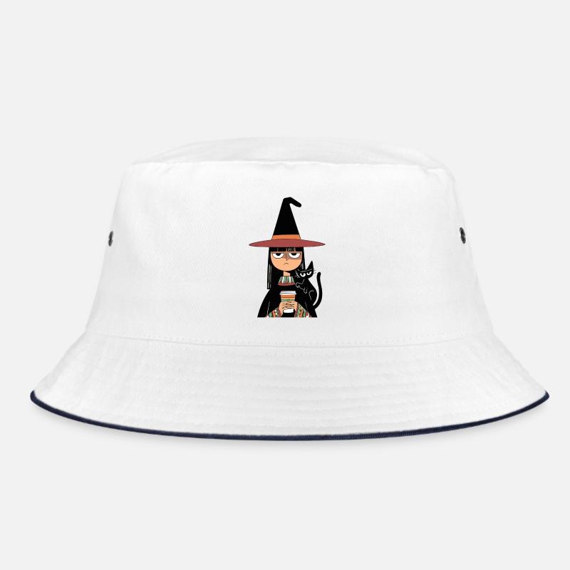 Grumpy Witch with Coffee and Black Cat – Halloween Bucket Hat