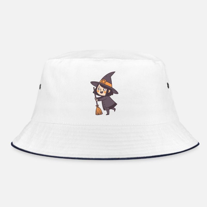 Merry Witch with Orange Broom Bucket Hat