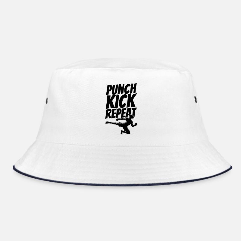 Kickboxer Grafik mit Punch Kick Repeat Text Bucket Hat