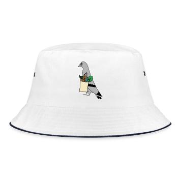 Pigeon Grocery Bag – Urban Minimal Illustration - Bucket Hat - Weiß/Navy - Vorne