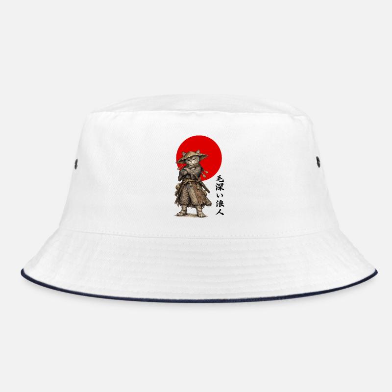 Katzen-Ronin-Samurai unter roter Sonne - Bucket Hat - Weiß/Navy