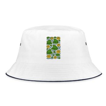Lily Pad Frogs in Bloom Pattern - Bucket Hat - white/navy - Front