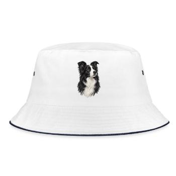 Border Collie Porträt – Schwarz-weißer Hund - Bucket Hat - Weiß/Navy - Vorne
