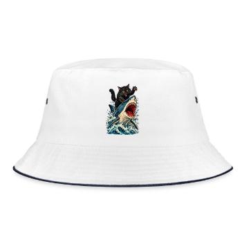Angry Black Cat Riding a Great White Shark - Bucket Hat - Weiß/Navy - Vorne