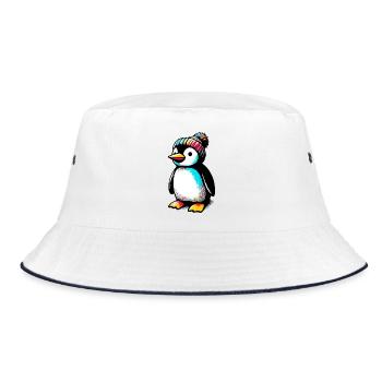 Pinguin mit winterlicher Wollmütze - Bucket Hat - Weiß/Navy - Vorne