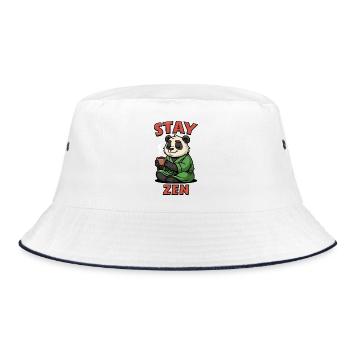 Panda Mönch mit Tee und Stay Zen Schriftzug - Bucket Hat - Weiß/Navy - Vorne