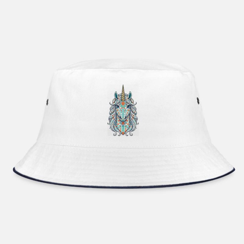 Einhorn-Blumenmuster - Bucket Hat - Weiß/Navy
