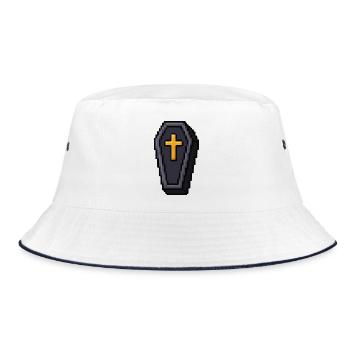 Pixel-Sarg mit goldenem Kreuz - Bucket Hat - Weiß/Navy - Vorne