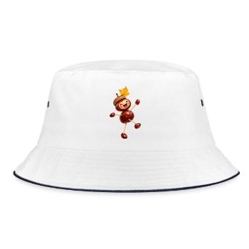 Fröhliche Kastanienfigur mit Eichelhut  - Bucket Hat - Weiß/Navy - Vorne