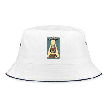 Lesende Katze im UFO Strahl - Bucket Hat - Weiß/Navy - Vorne