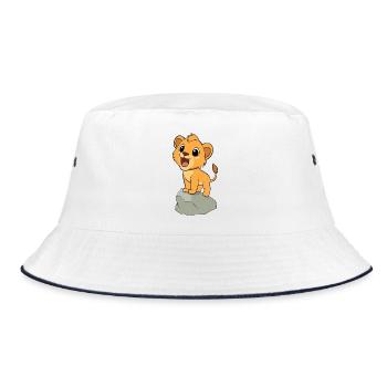 Bébé lionceau joyeux qui rugit, sur un rocher (v02 - Bob - blanc/marine - Devant