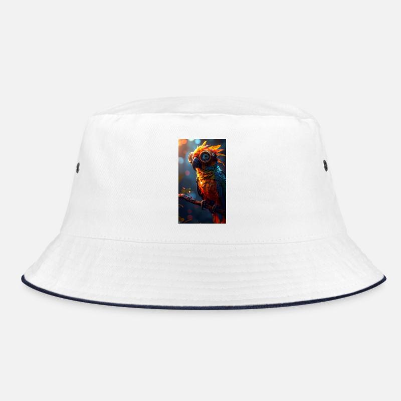 Bunter Papagei mit Steampunk Brille - Bucket Hat - Weiß/Navy