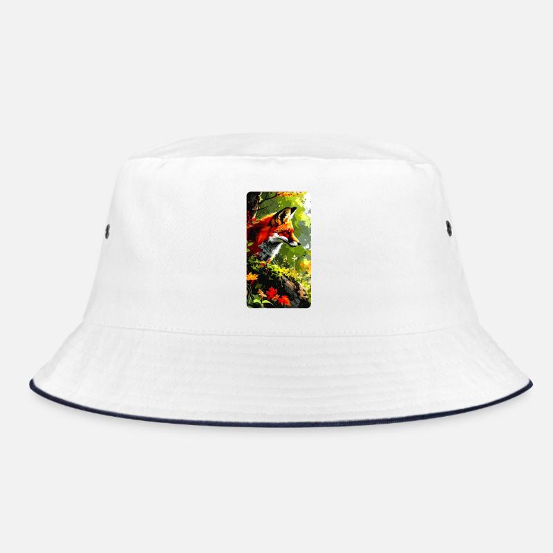 Fuchs mit Herbstlaub im Wald  (Blick nach Rechts) - Bucket Hat - Weiß/Navy