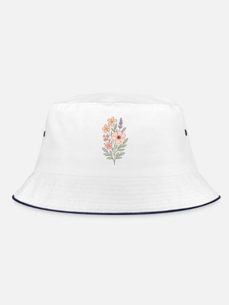 Pastellblumen Aquarellstrauß - Bucket Hat - Weiß/Navy - Vorne