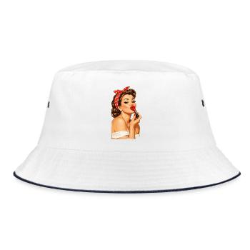 Pin-Up Girl Retro Vintage Style: Roter Kussmund - Bucket Hat - Weiß/Navy - Vorne