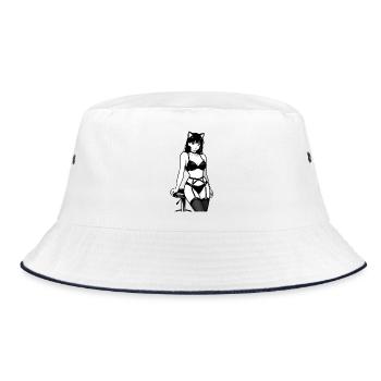 Sexy Neko Girl: Manga Katze in Schwarz-Weiß - Bucket Hat - Weiß/Navy - Vorne