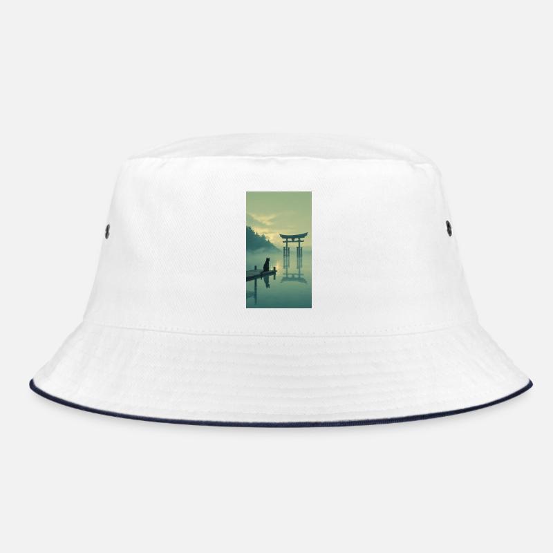 Schwarze Katze am Torii – Asian Zen Design - Bucket Hat - Weiß/Navy