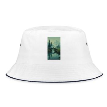 Black Cat at Stone Bridge – Asian Zen Design - Bucket Hat - white/navy - Front