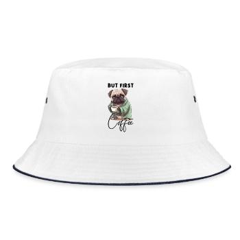 Coffee Pug Dog But First Coffee Saying Funny - Bucket Hat - white/navy - Front