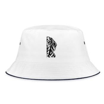 Halber Dackel – Minimalistisches Hundeporträt - Bucket Hat - Weiß/Navy - Vorne