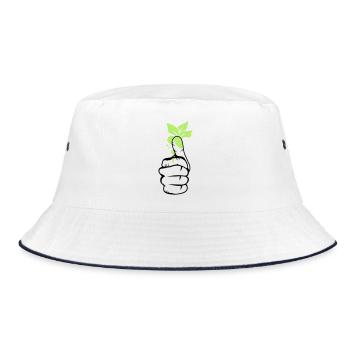 Hand mit grünen Blätter am Daumen - Bucket Hat - Weiß/Navy - Vorne