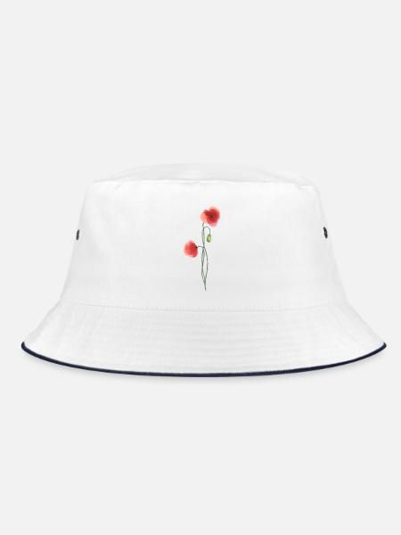 Blume: roter Mohn - Bucket Hat - Weiß/Navy - Vorne