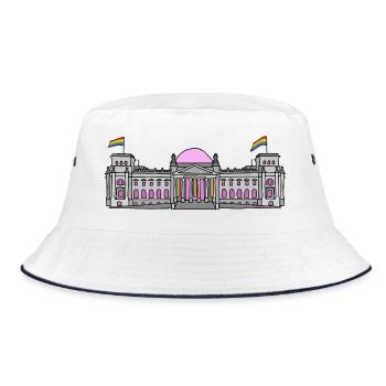 Der Bundestag in Berlin mit Regenbogenfahnen - Bucket Hat - Weiß/Navy - Vorne