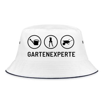 Gartenexperte: Gießkanne, Heckeschere, Schubkarre - Bucket Hat - Weiß/Navy - Vorne