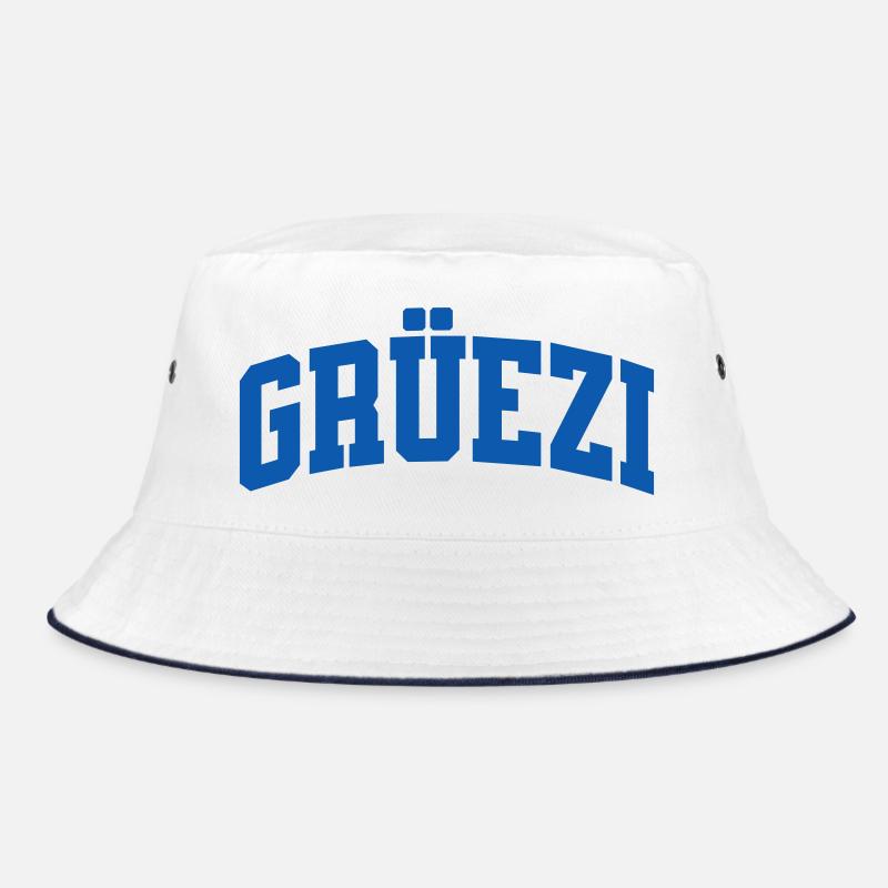 Grüezi in blau, schweizerdeutsch hallo, Logo Bucket Hat