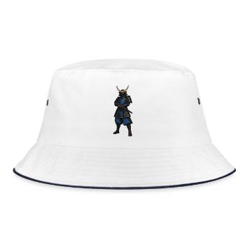 Samurai mit blauer Rüstung und Mondhelm - Bucket Hat - Weiß/Navy - Vorne
