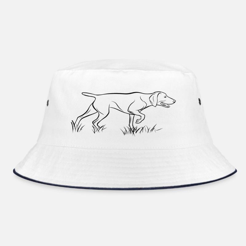 Weimaraner above Bucket Hat