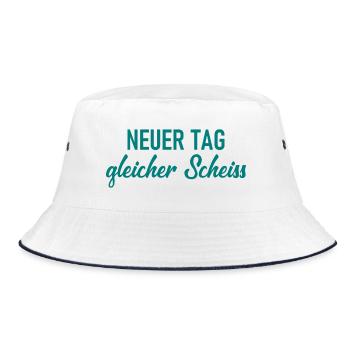Neuer Tag - Gleicher Scheiss - Scheiß - Bucket Hat - Weiß/Navy - Vorne