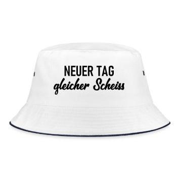 Neuer Tag - Gleicher Scheiss - Scheiß - Bucket Hat - Weiß/Navy - Vorne