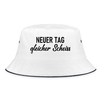 Neuer Tag - Gleicher Scheiss - Scheiß - Bucket Hat - Weiß/Navy - Vorne