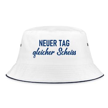 Neuer Tag - Gleicher Scheiss - Scheiß - Bucket Hat - Weiß/Navy - Vorne