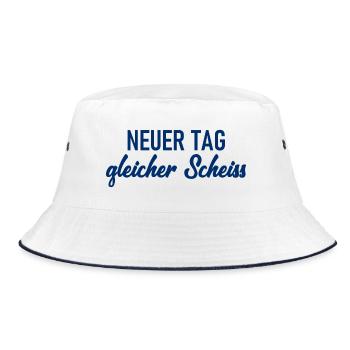 Neuer Tag - Gleicher Scheiss - Scheiß - Bucket Hat - Weiß/Navy - Vorne